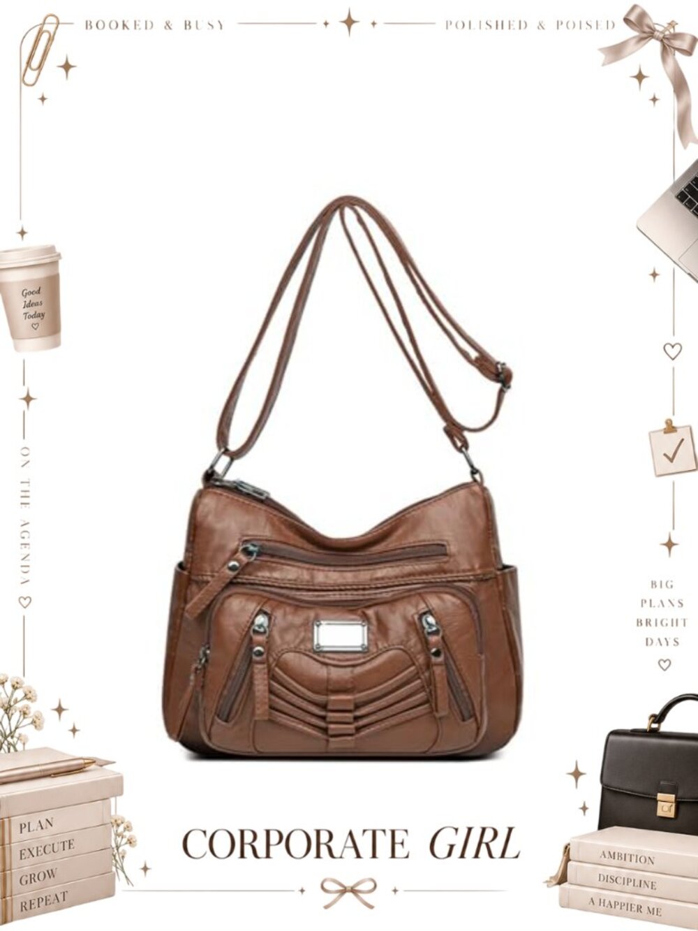 Soft PU Leather Crossbody Shoulder Bag Multi-Pocket Medium Purse